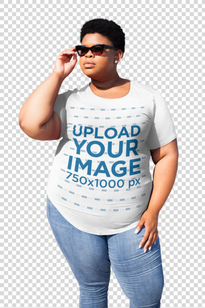 Transparent T-Shirt Mockup of a Bold Woman Wearing a Plus-Size Tee and Sunglasses 22576