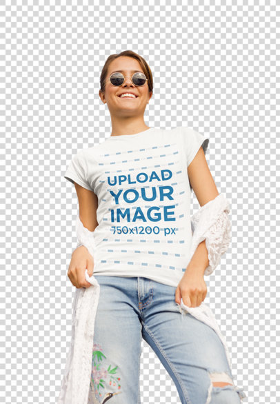 Transparent Camping T-Shirt Mockup of a Woman in a Sunny Desert Area