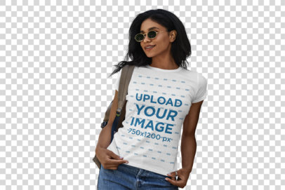Transparent T-Shirt Mockup of a Woman Carrying a Bag and Posing Happily 