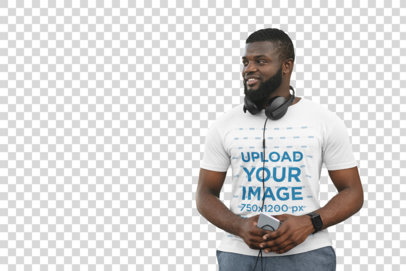 Transparent Mockup of a Bearded Man Wearing a T-Shirt and with Headphones on his Neck