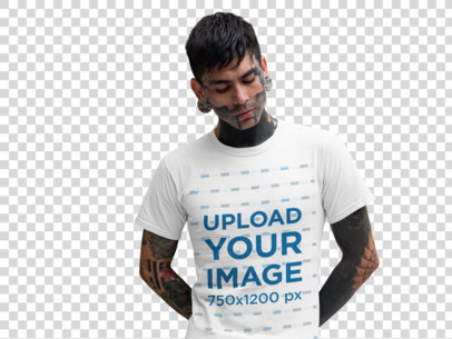 Transparent T-Shirt Mockup of a Tattooed Goth Man Leaning on a White Wall