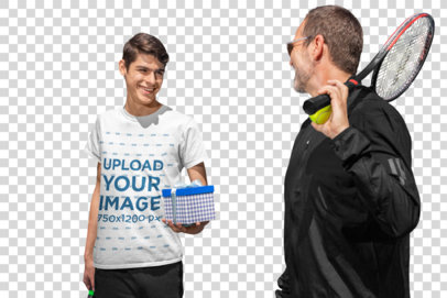 Transparent T-Shirt Mockup of a Man Giving a Present to His Dad After a Tennis Match