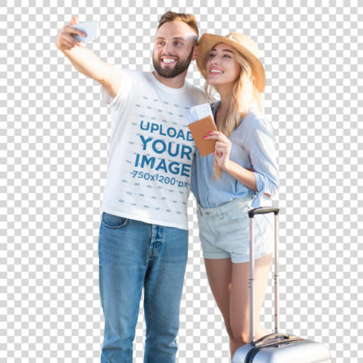 Transparent T-Shirt Mockup Featuring a Man Taking a Selfie with His Girlfriend