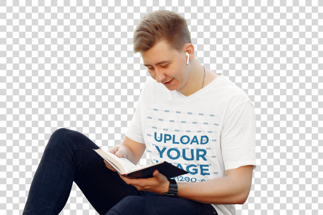 Transparent T-Shirt Mockup of a Young Student Reading a Book
