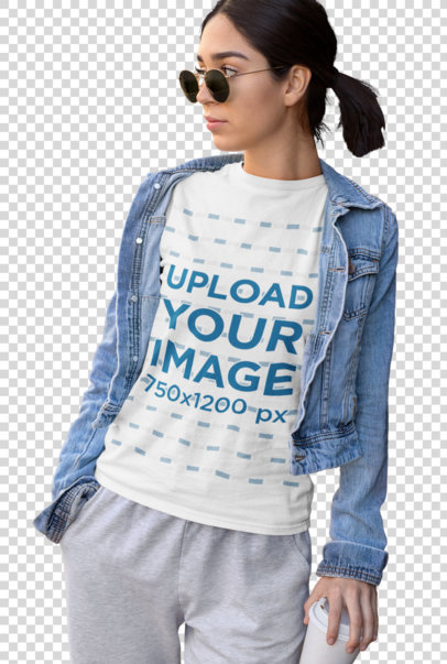Transparent Athleisure T-Shirt Mockup Featuring a Stylish Young Woman 