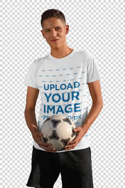 Transparent T-Shirt Mockup of a Teenage Boy Holding a Soccer Ball