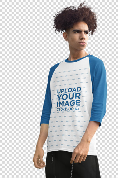 Transparent Three-Quarter Sleeves Raglan Tee Mockup of a Young Man Posing 30214
