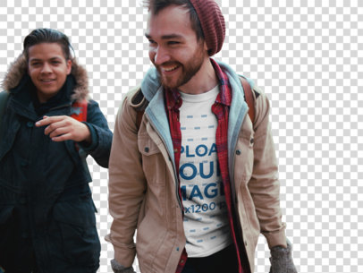 Transparent Man Wearing a T-Shirt Mockup While Trekking with his Friends