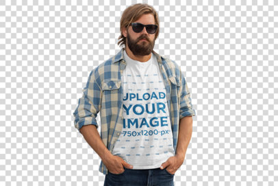 Transparent Mockup of a Man Wearing a T-Shirt and Posing in Front of His Truck 