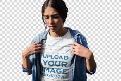 Transparent Mockup of a Woman Wearing a T-Shirt and a Denim Jacket Against a Food Truck