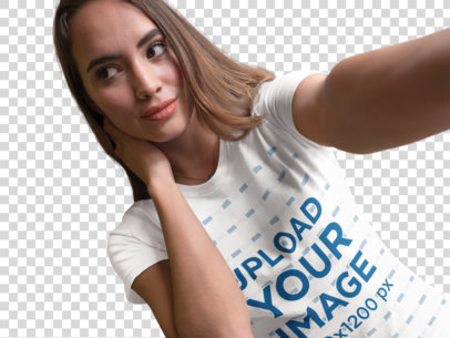 Transparent Selfie Template of a Pretty Woman Looking Aside While Wearing a Round Neck Tee