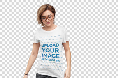 Transparent Tee Mockup Featuring a Short-Haired Woman with Glasses Against a White Wall