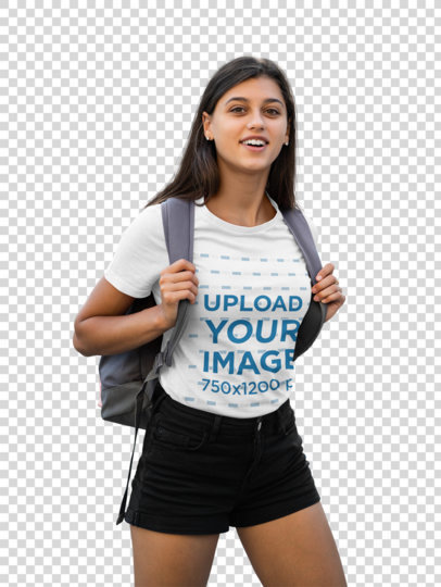 Transparent T-Shirt Mockup Featuring a Young Female Student 