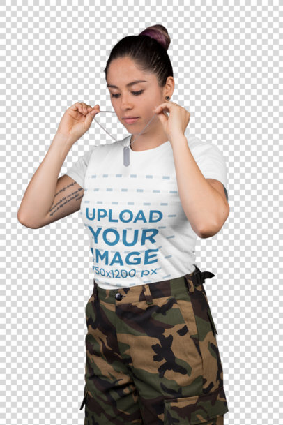 Transparent T-Shirt Mockup of a Female Veteran Wearing a Dog Tag 21230