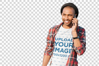 Transparent Round-Neck Tee Mockup Featuring a Smiling Man Talking on His Mobile 34851-r-el2