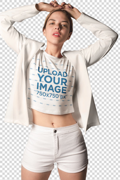 Transparent Mockup Featuring a Woman with a White Outfit Wearing a Crop Top Tee