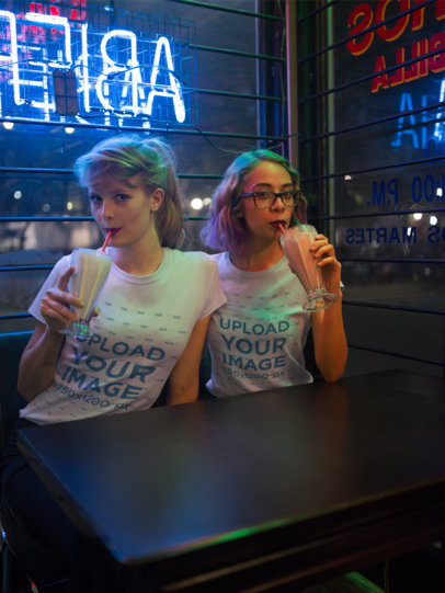 Friends Drinking While Wearing Round Neck Tees Mockup