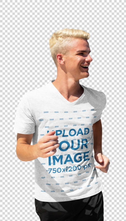 Transparent Heather V-Neck T-Shirt Mockup of a Happy Man Running With His Friends 