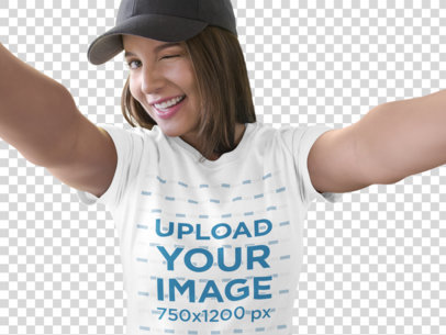 Transparent Selfie of a Beautiful Woman Wearing a T-Shirt Mockup While Smiling