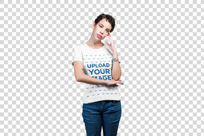 Transparent Crewneck Tee Mockup of a Female Model with a Tattoo Posing in Studio 