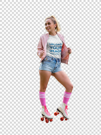 Transparent Mockup of a Smiling Hispanic Woman Wearing a T-Shirt and Roller Skates at a Park