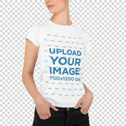 Transparent Basic Tee Mockup of a Woman Posing With Her Hands in Her Pockets 