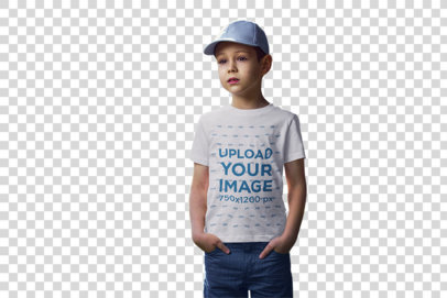 Transparent Mockup of a Boy Wearing a Customizable T-Shirt and Standing by a Wooden Fence 
