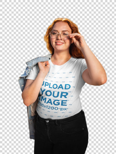 Transparent T-Shirt Mockup of a Woman With Large Round Glasses and Red Hair 