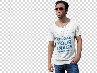 Transparent T-Shirt Mockup of a Young Man Leaning on a Stone Wall