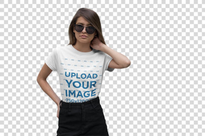 Transparent T-Shirt Mockup Featuring a Young Woman Posing by a Green Tiled Wall