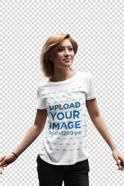 Transparent T-Shirt Mockup of a Young Woman with Short Hair