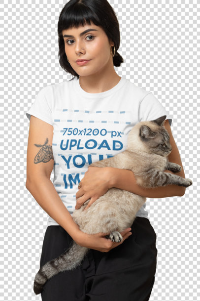 Transparent Mockup of a Woman Wearing a T-Shirt and Carrying Her Cat 
