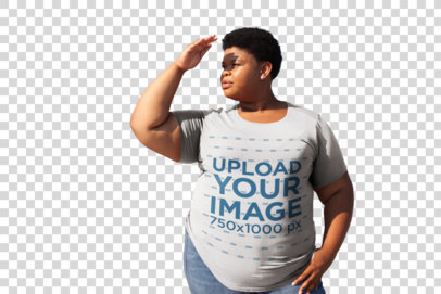 Transparent Plus Size Tee Mockup Featuring a Woman Shielding Her Eyes 22577