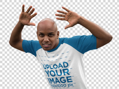 Transparent Raglan T-Shirt Mockup of a Man Doing a Funny Pose a12474
