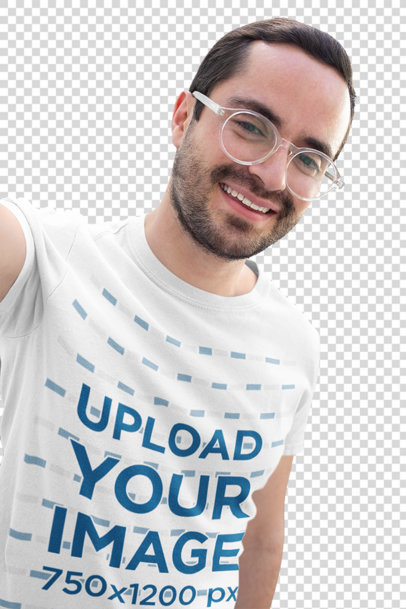 Transparent Selfie Mockup of a Happy Customer Wearing a Round Neck Tee