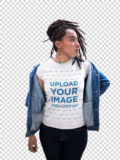 Transparent Mockup of a Girl with Locks Wearing a T-Shirt While Looking to the Side