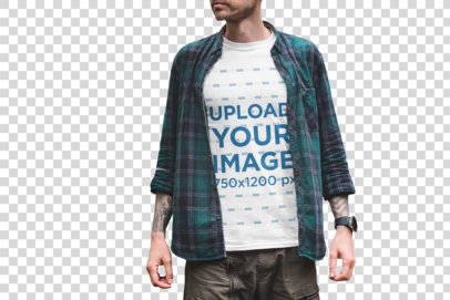 Transparent Mockup of a Tattooed Man Wearing a T-Shirt Outside 