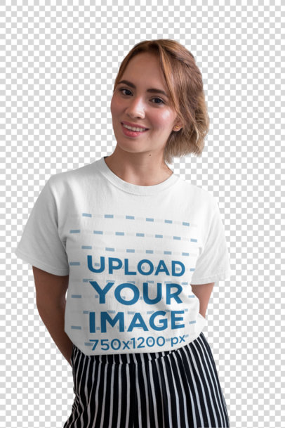 Transparent T-Shirt Mockup of a Pretty Woman Smiling in front of a Colorful Background 