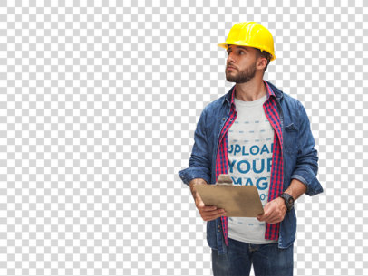 Transparent Mockup of a Worker Wearing a T-Shirt and a Safety Helmet