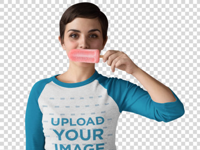 Transparent Heathered Raglan Tee Mockup of Woman Holding a Popsicle Against her Mouth