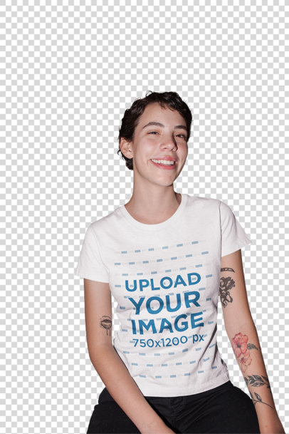 Transparent Mockup of a Tattooed Woman Wearing a T-Shirt While Smiling