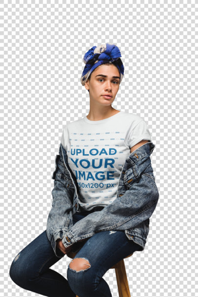 Transparent T-Shirt Mockup of a Freckled Woman with Denim Clothing Sitting on a Stool a20887