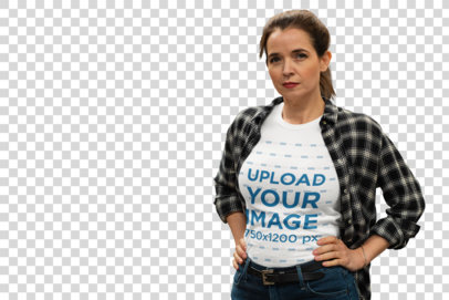 Transparent T-Shirt Mockup of a Serious Woman Posing with her Hands on her Waist