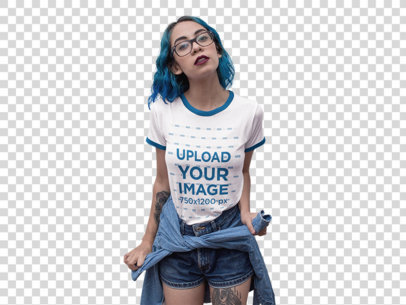 Transparent T-Shirt Mockup of a Woman Wearing a Ringer and a Blue Jacket 