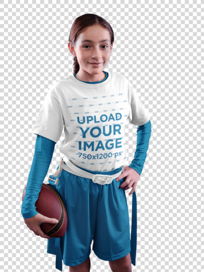 Transparent T-Shirt Mockup Featuring a Happy Girl with a Football Ball
