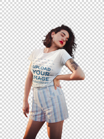 Transparent Mockup Featuring a Woman with an Arm Tattoo Wearing a Round-Neck Tee 19739
