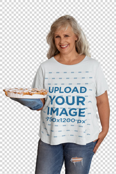 Transparent Mockup of a Woman Wearing a T-Shirt and Holding a Pie at Thanksgiving