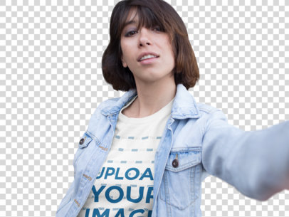 Transparent Selfie Template of a Young Short-Haired Woman Wearing a Round Neck Tee 