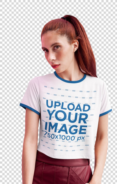 Transparent Ringer T-Shirt Mockup Featuring a Red-Haired Woman 27261