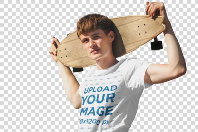 Transparent Round-Neck Tee Mockup of a Man Holding a Skateboard 